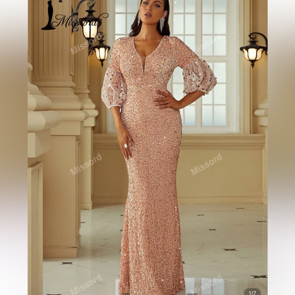 Missord Women's Long Sleeve Sequin Gown in Pink